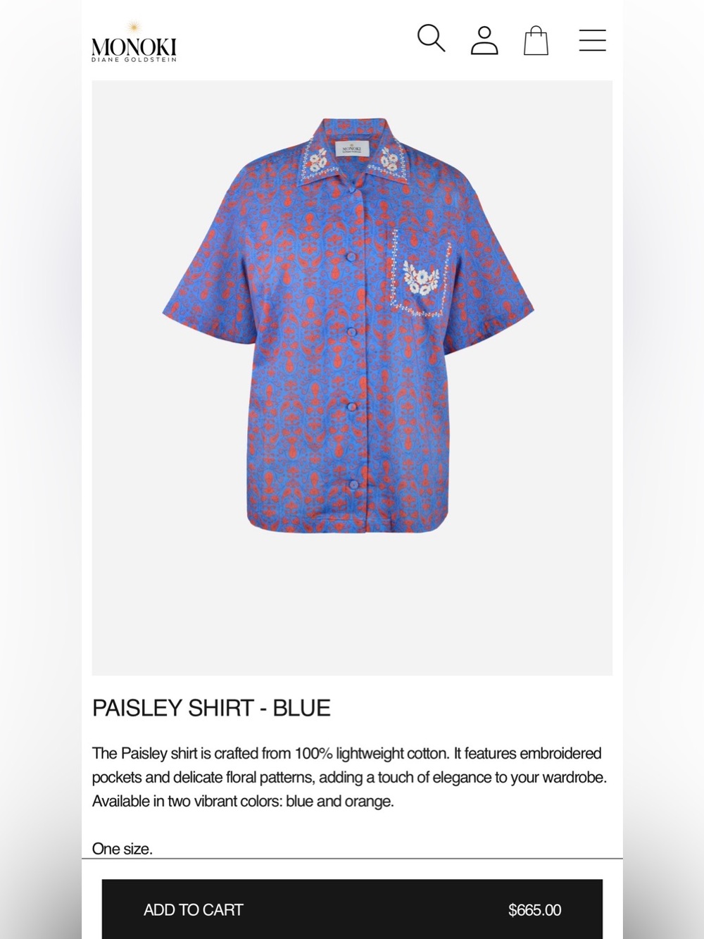 MONOKI by DIANE GOLDSTEIN Paisley Shirt SIZE Medium